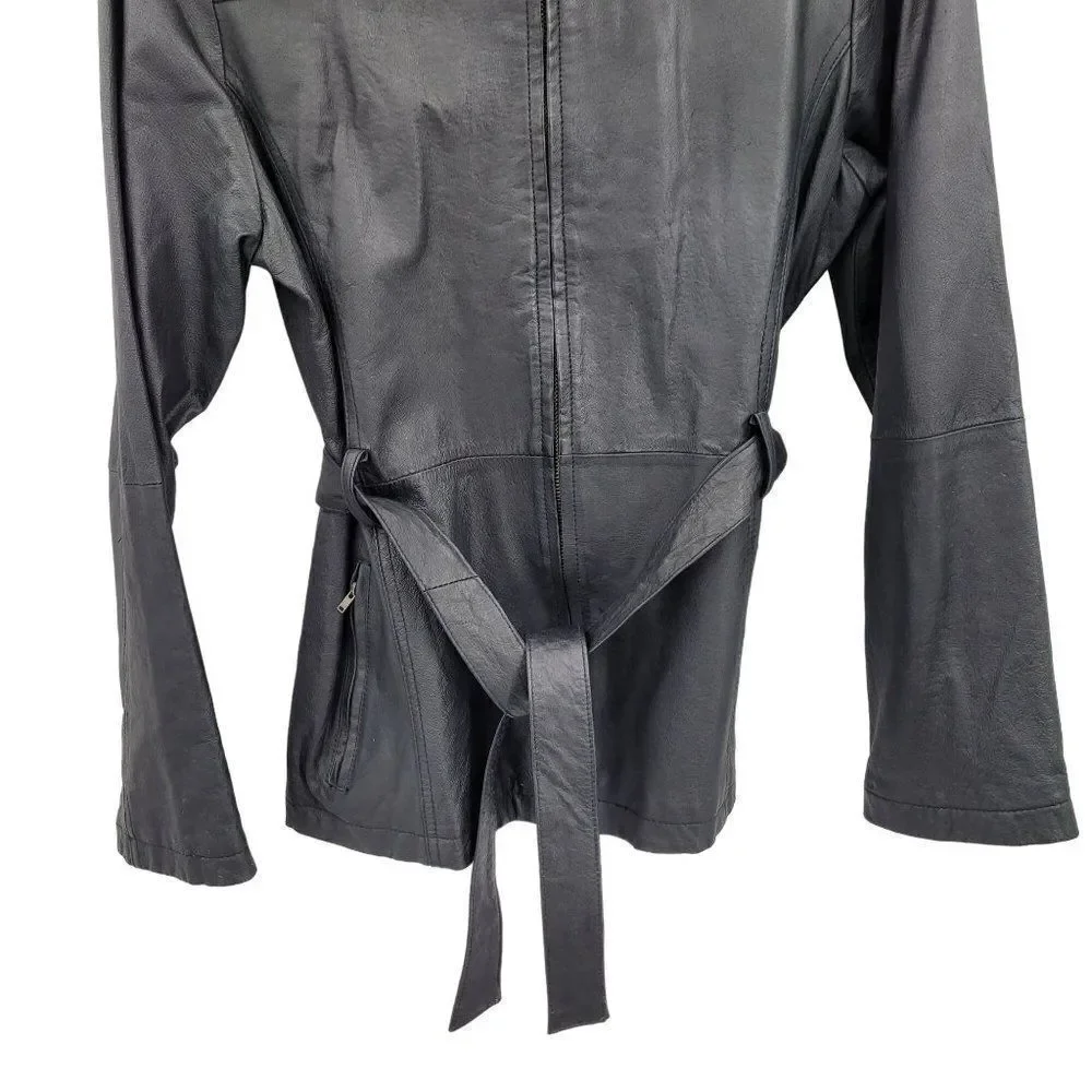 Vintage 80's PB‎ Martin Leather Jacket Moto Baddie Belted Collar Zip Up Black S